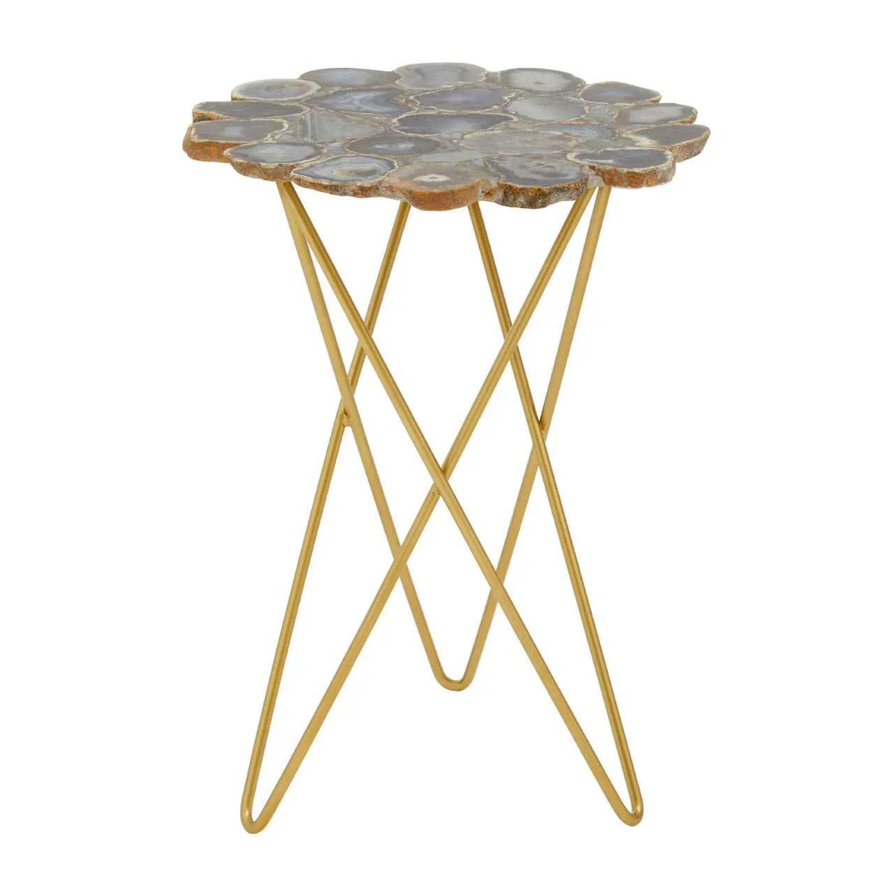 Agate side table with gold metal legs and scalloped stone top