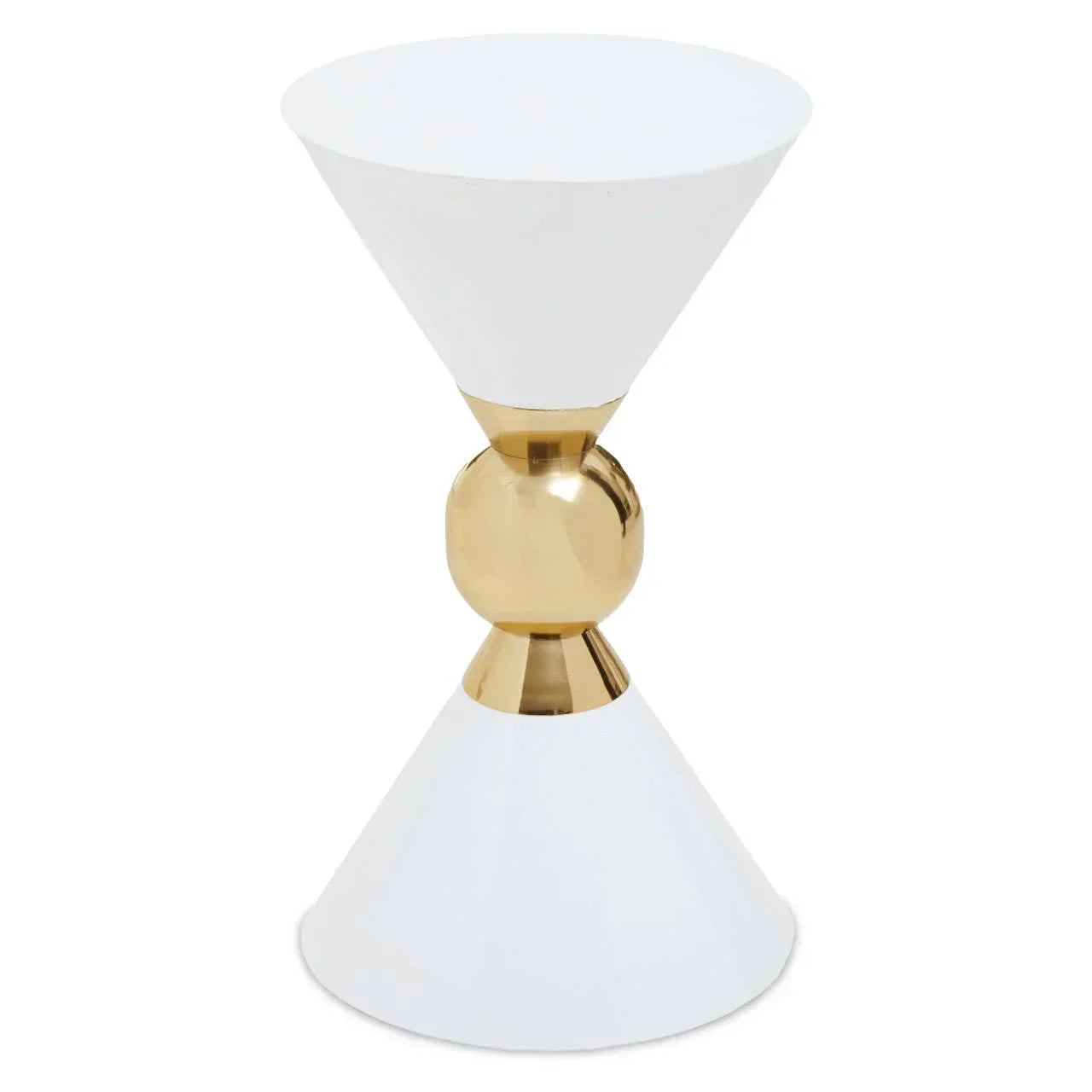 White modern side table with gold accent sphere and geometric base