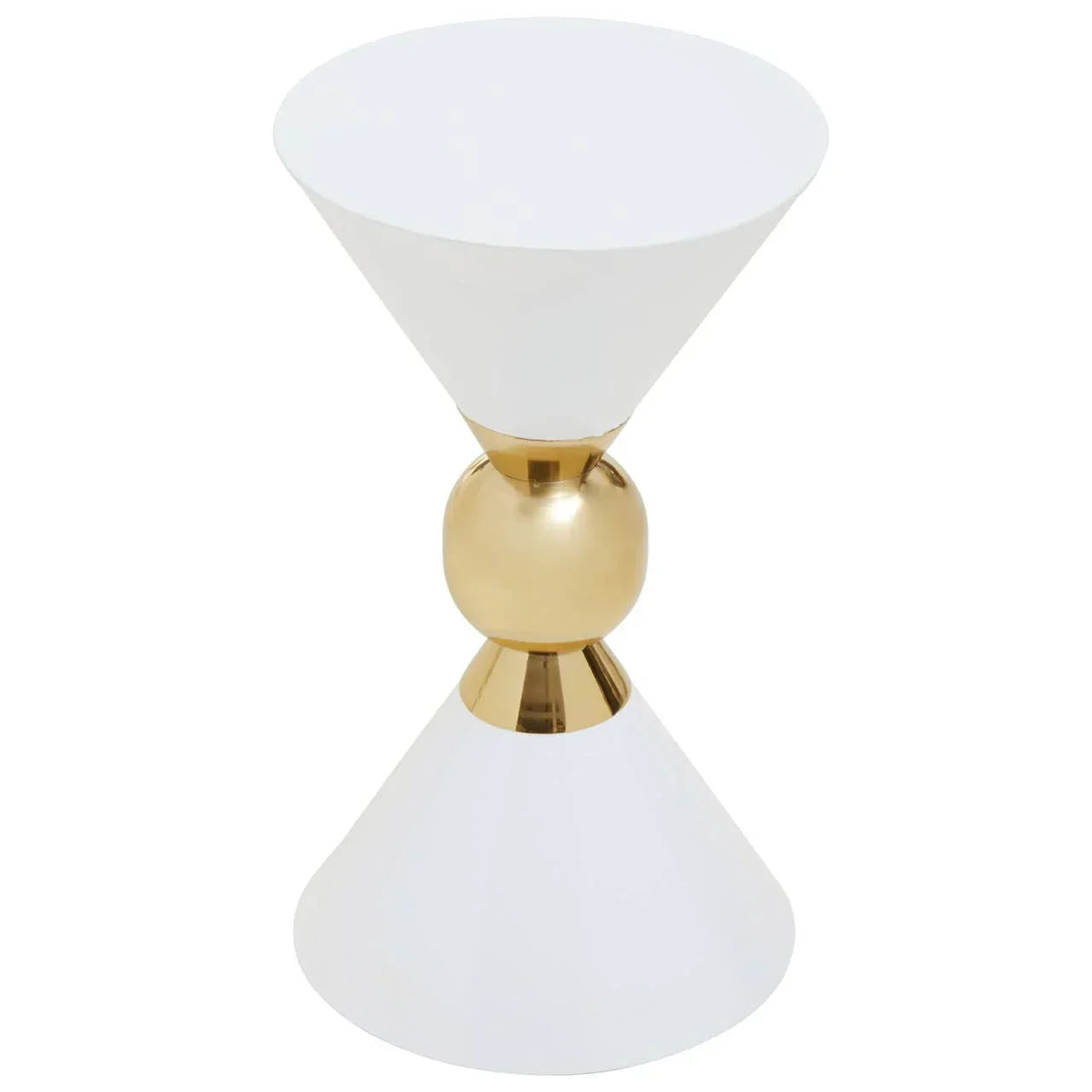 Contemporary side table with white cone base, gold sphere accent and matching top
