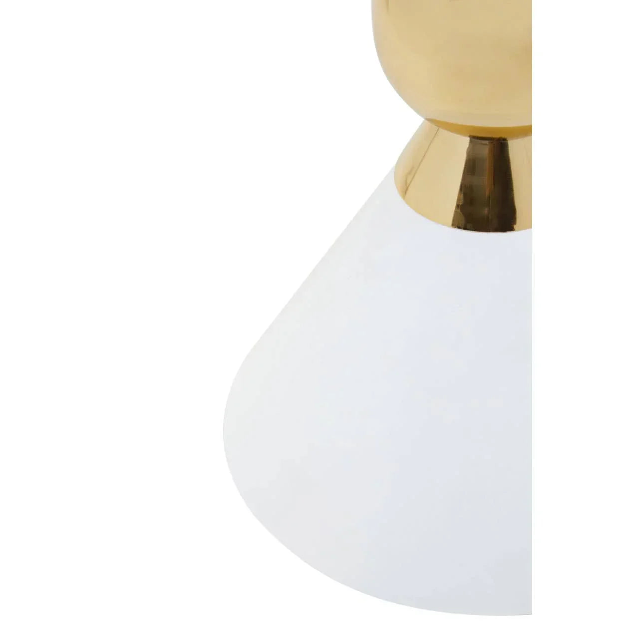 Close-up of gold and white lamp base with conical shape and glossy finish