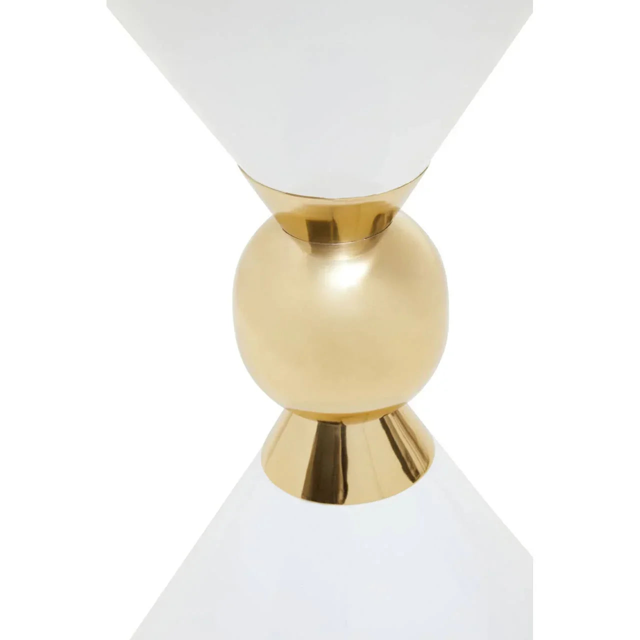 Modern side table with white hourglass base and gold sphere accent