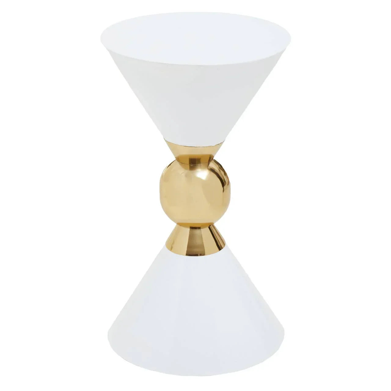 White and gold side table with geometric design and glossy metallic centerpiece