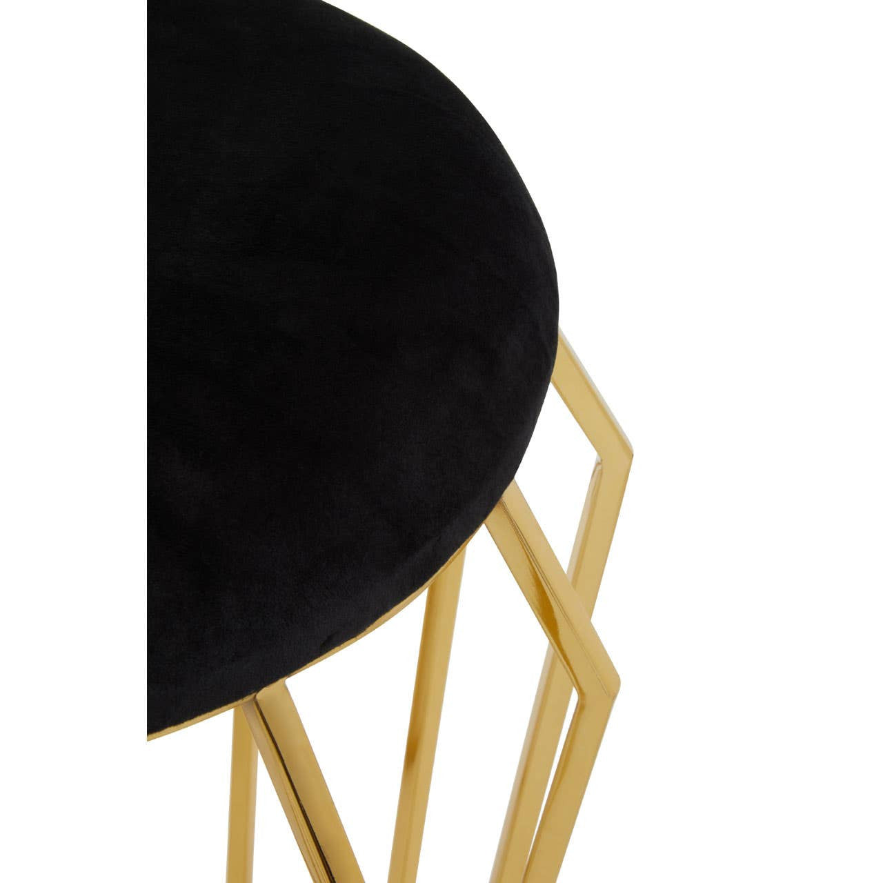 Black velvet stool with a round top and geometric gold finish legs, showcasing a modern and elegant design