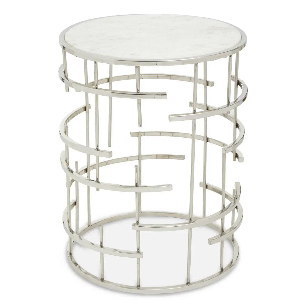 Round marble top side table with geometric chrome metal base, modern accent furniture