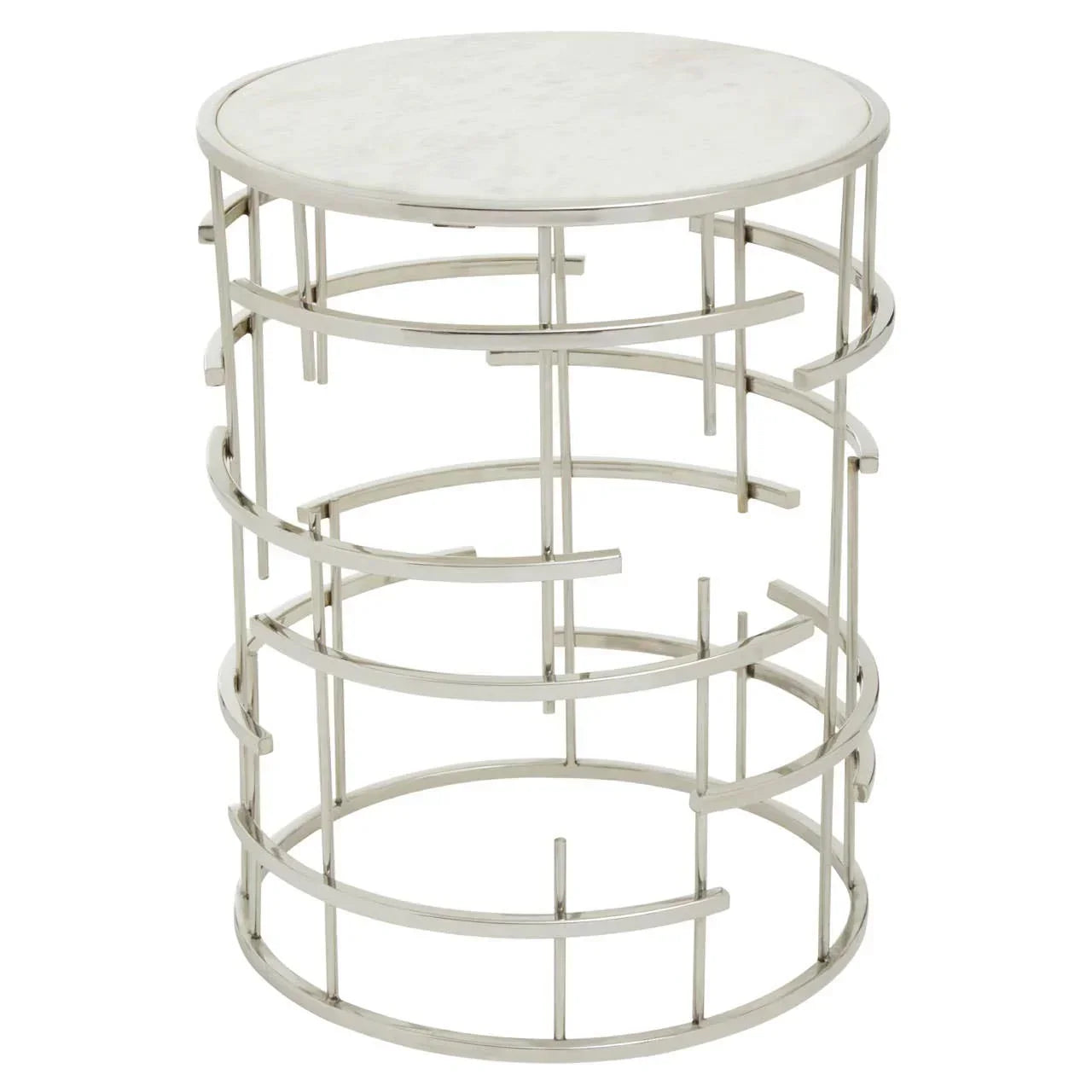 Round side table with white marble top and chrome geometric metal frame