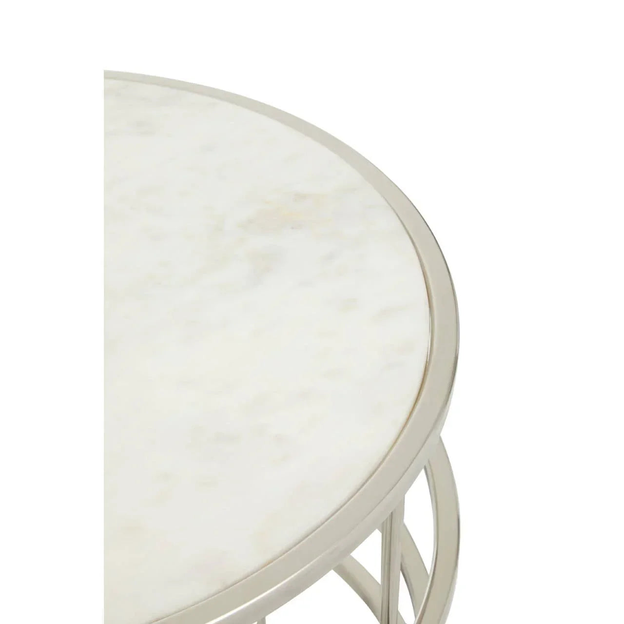 Round marble top side table with silver metal frame, close-up of tabletop and edge