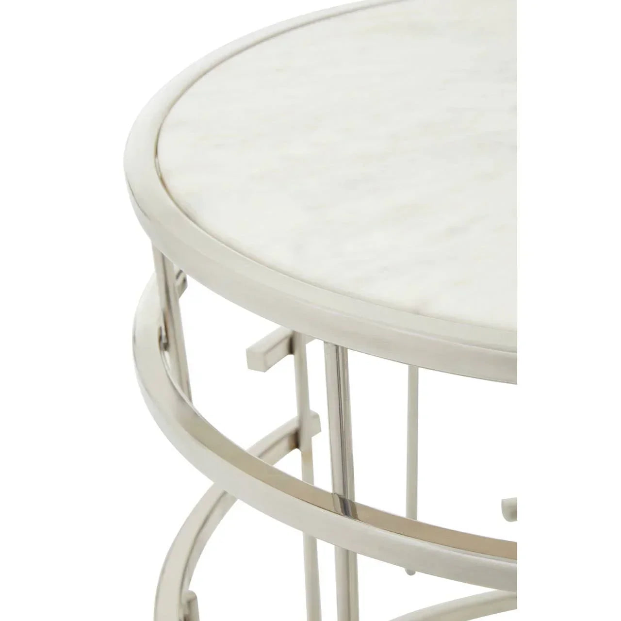Round marble top side table with silver metal frame, close-up of upper section