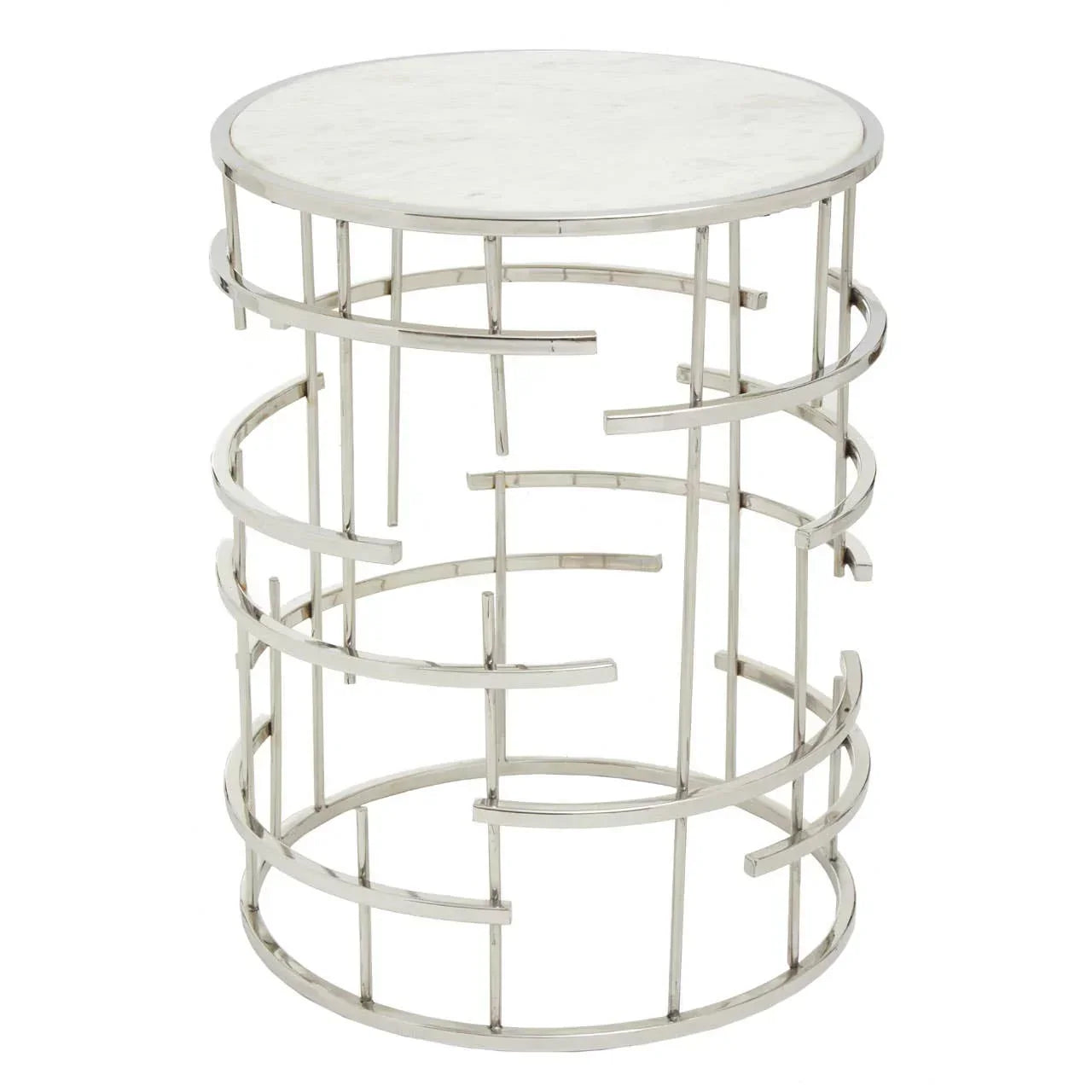 Round side table with white marble top and chrome geometric metal frame
