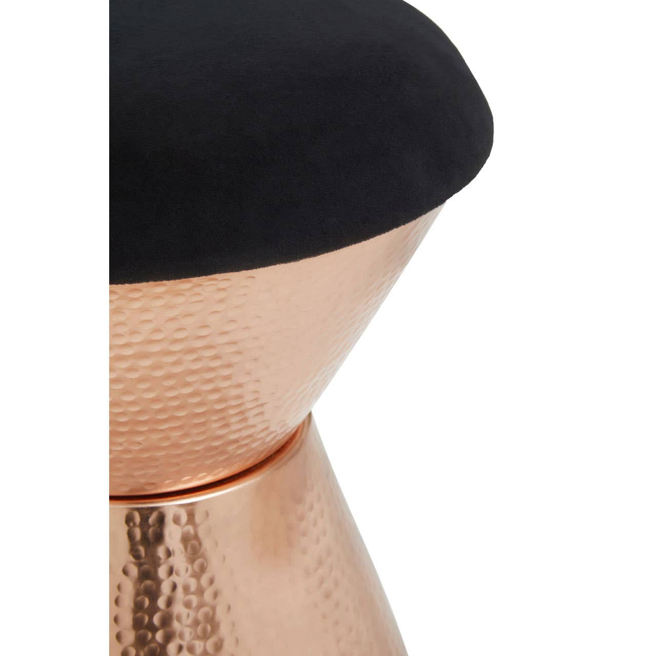 Black velvet stool with a copper finish base, showcasing a smooth, rounded top and a textured, hammered appearance on the lower portion