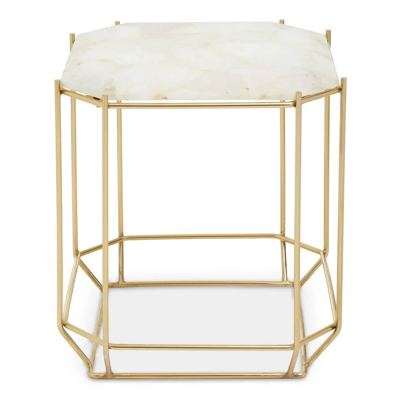 White marble side table with gold metal frame, hexagonal top, modern accent furniture