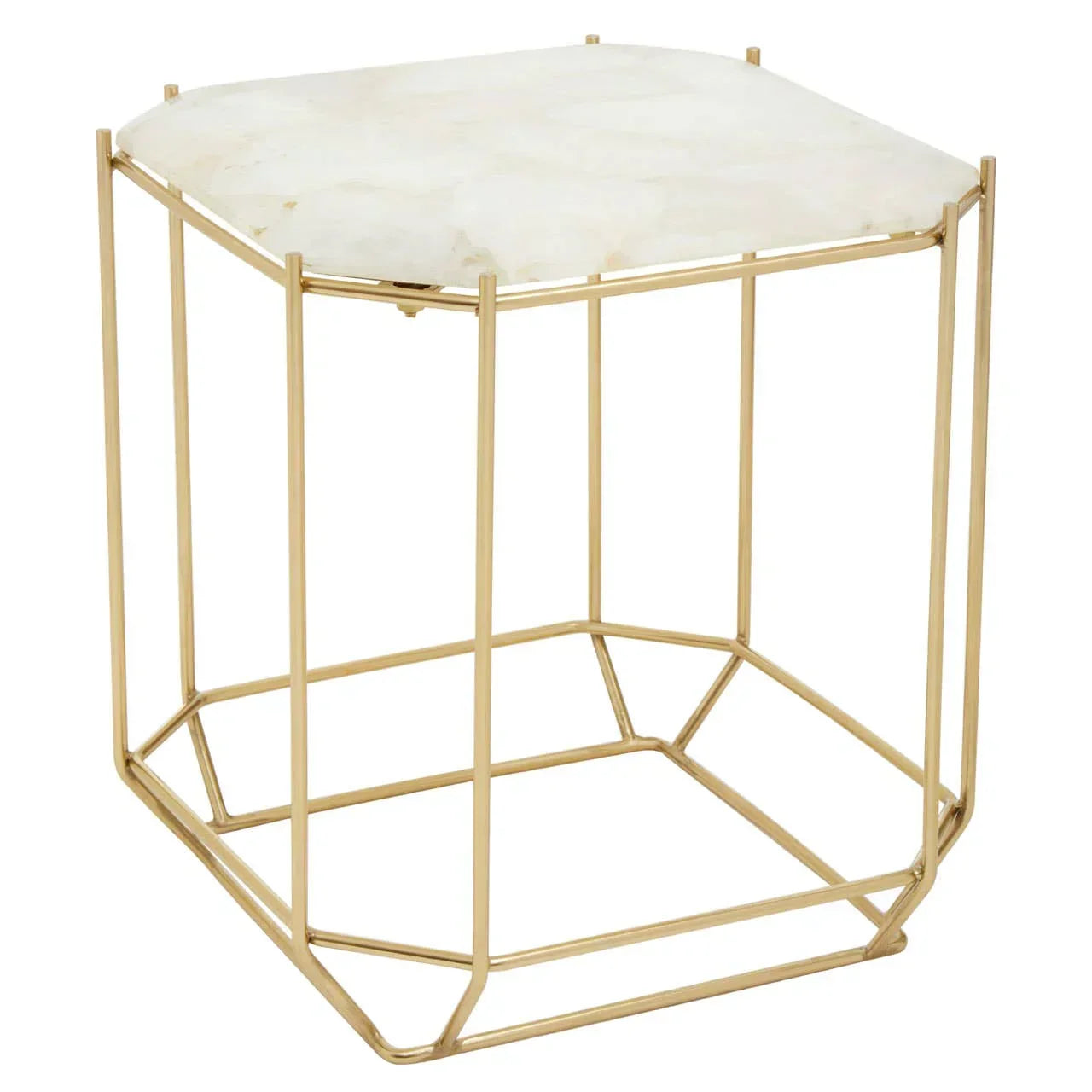 Square side table with white marble top and gold metal geometric frame