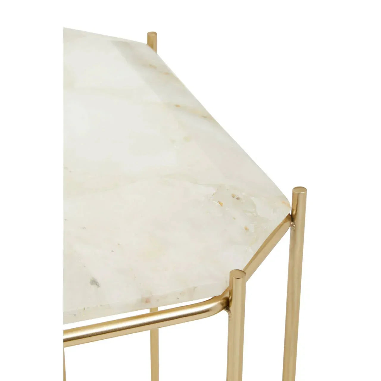 Marble top side table with gold metal frame, close view of corner detail