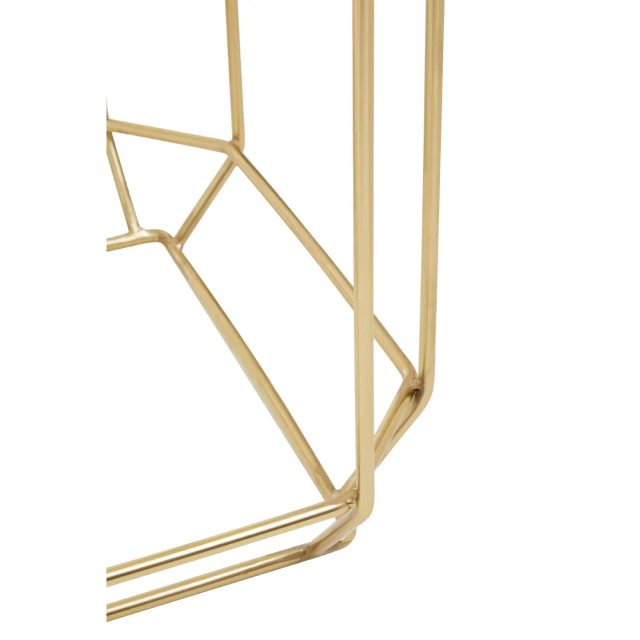 Gold metal frame detail of geometric side table, close up on base structure