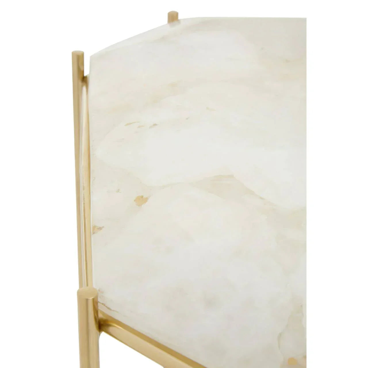 Marble top side table with gold metal frame, close-up of tabletop corner detail