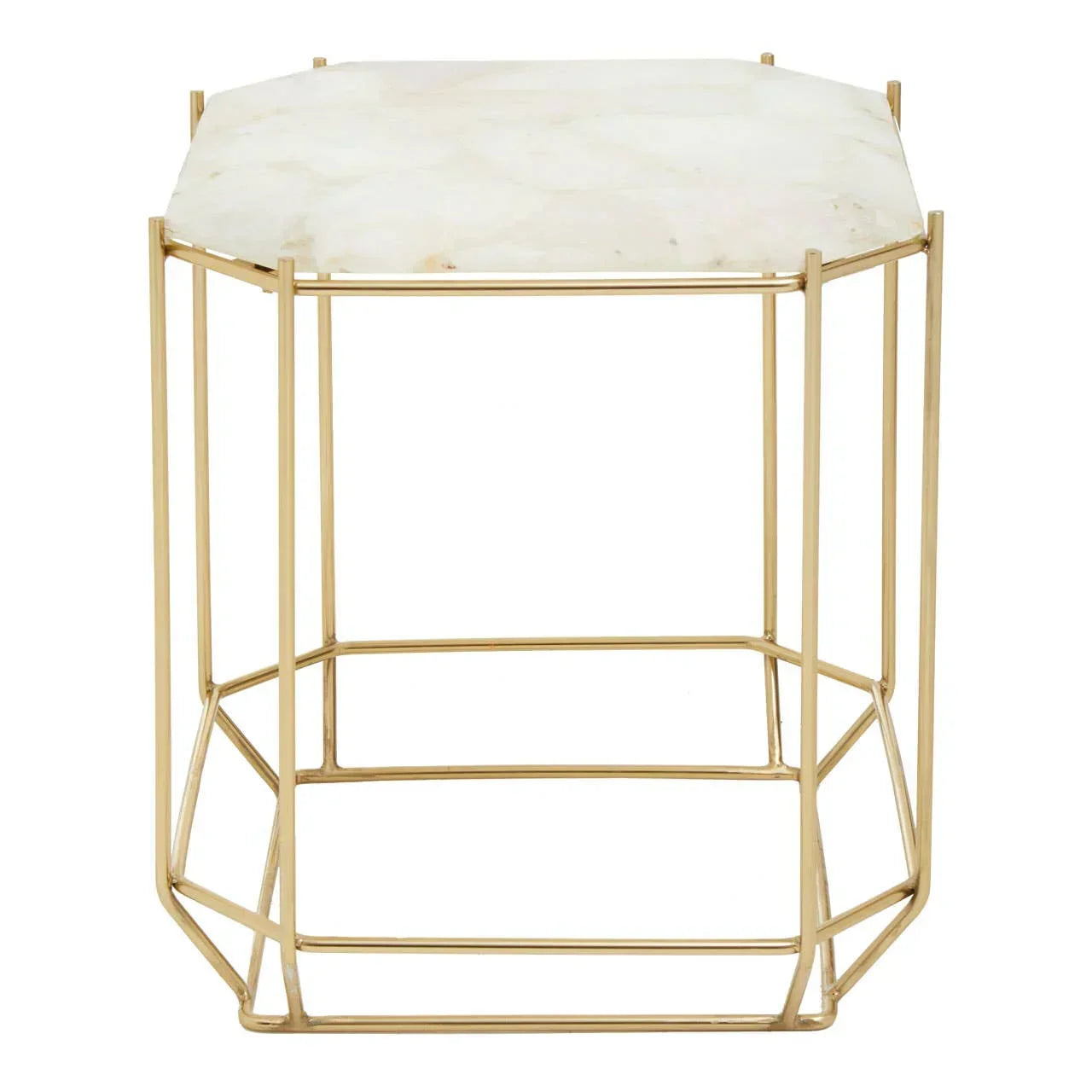 Hexagonal marble top side table with gold metal frame
