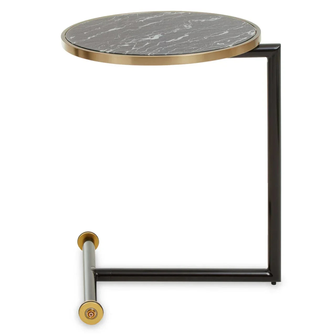Round marble side table with gold trim and black metal C-shaped base