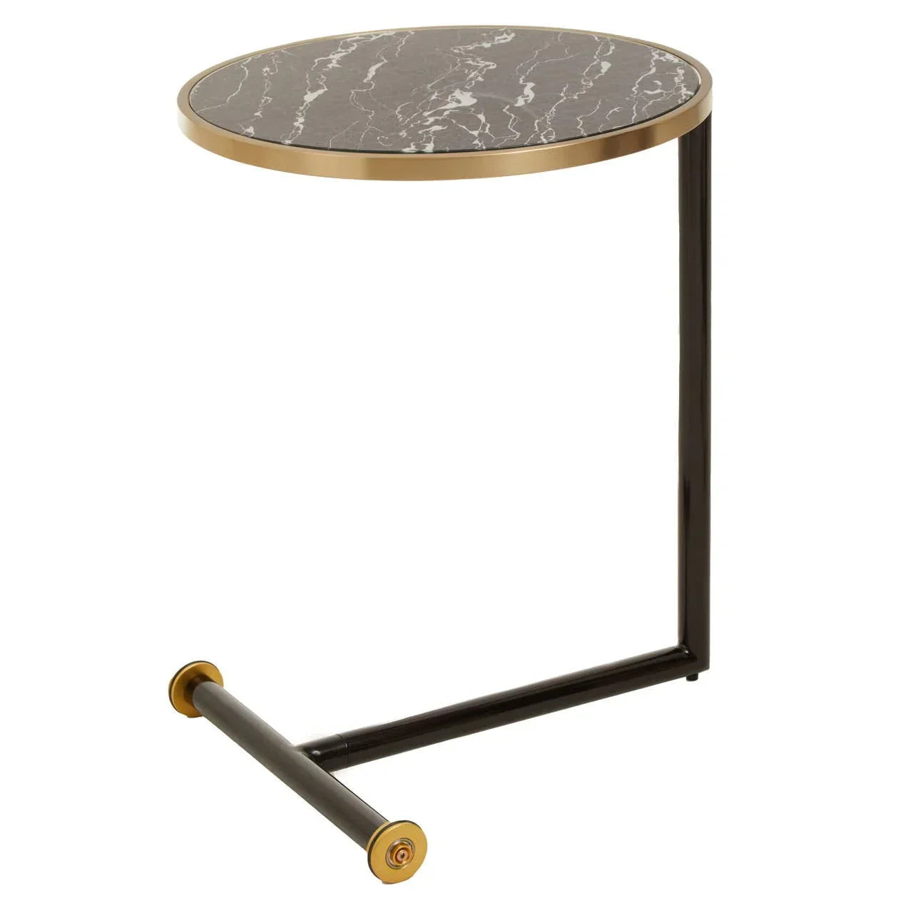 Round side table with black marble top, gold trim, and black metal C-shaped base
