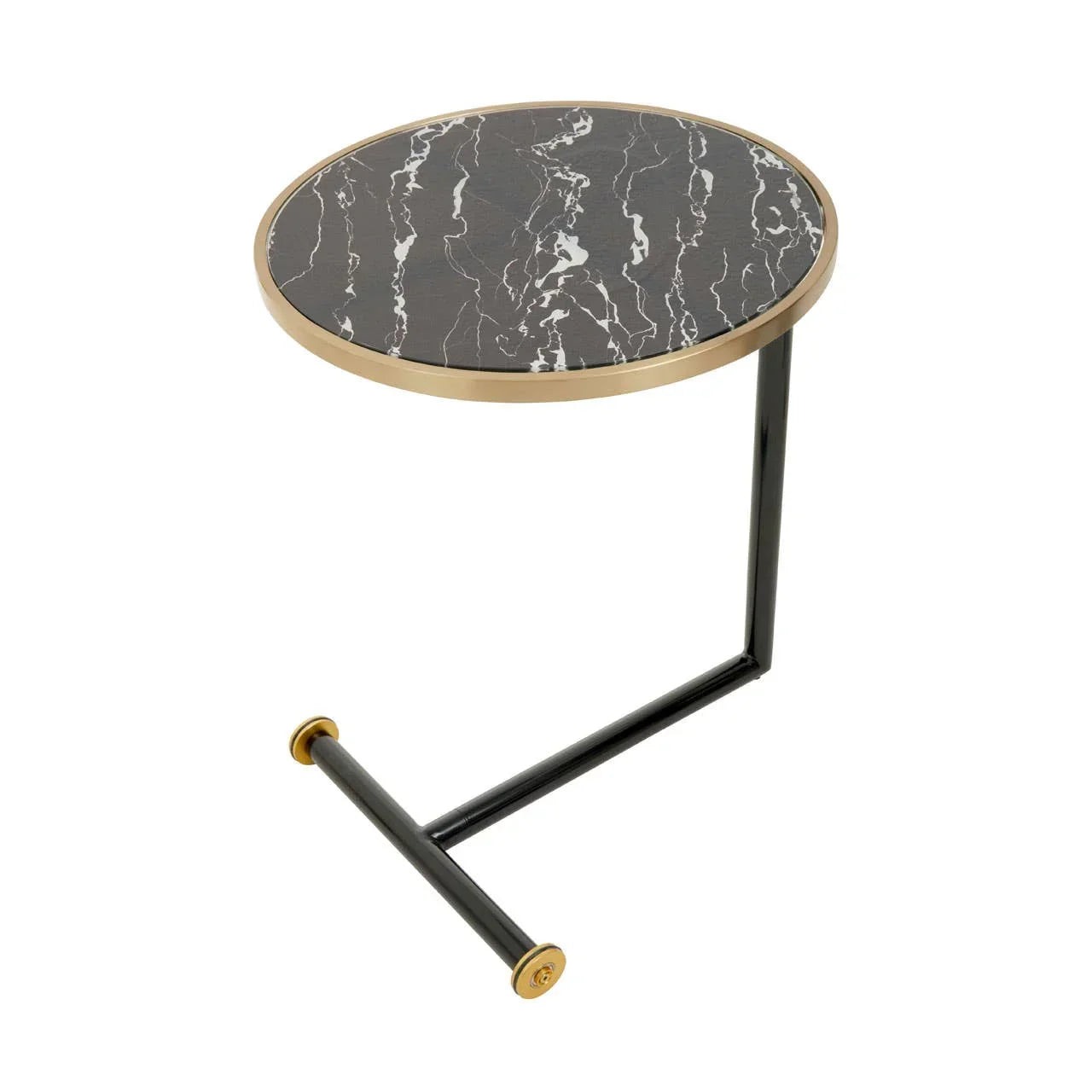 Round marble side table with gold trim and black metal frame, modern design
