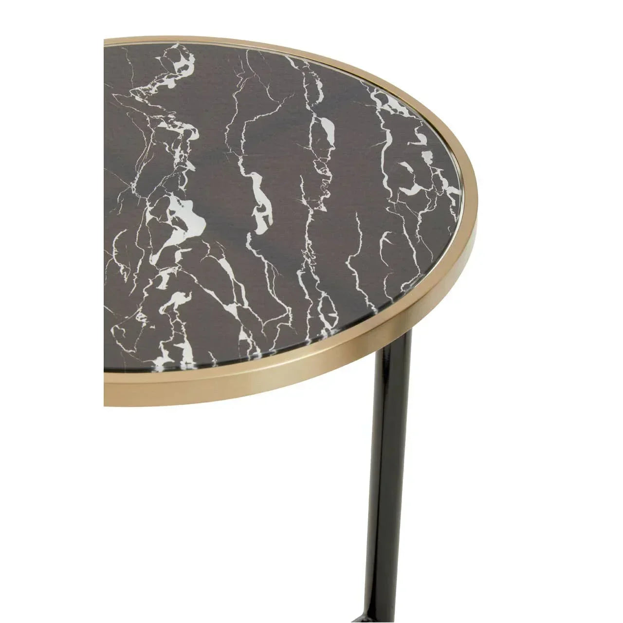 Round black marble side table with gold trim and black legs, close-up view