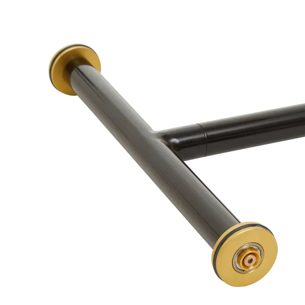 Metal table leg with gold round accents and black finish viewed from an angle