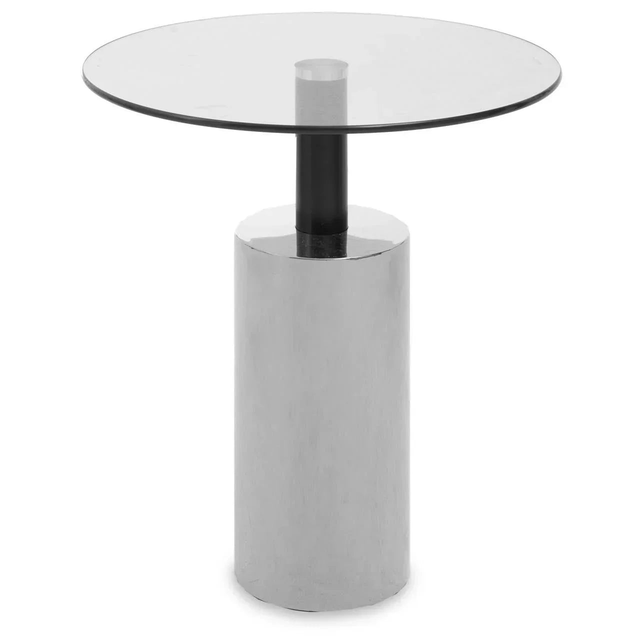 Round glass side table with chrome cylindrical base and black support, modern design