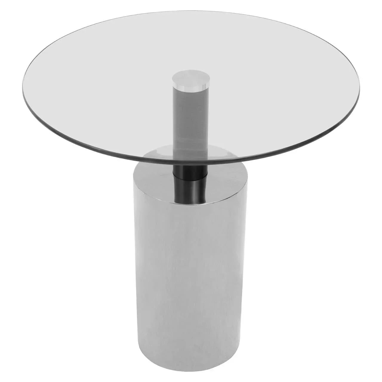 Round glass top side table with cylindrical silver metal base