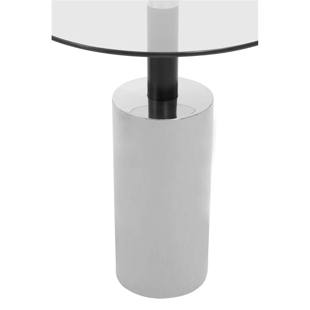 Glass top dining table with cylindrical chrome metal base, close-up view of pedestal