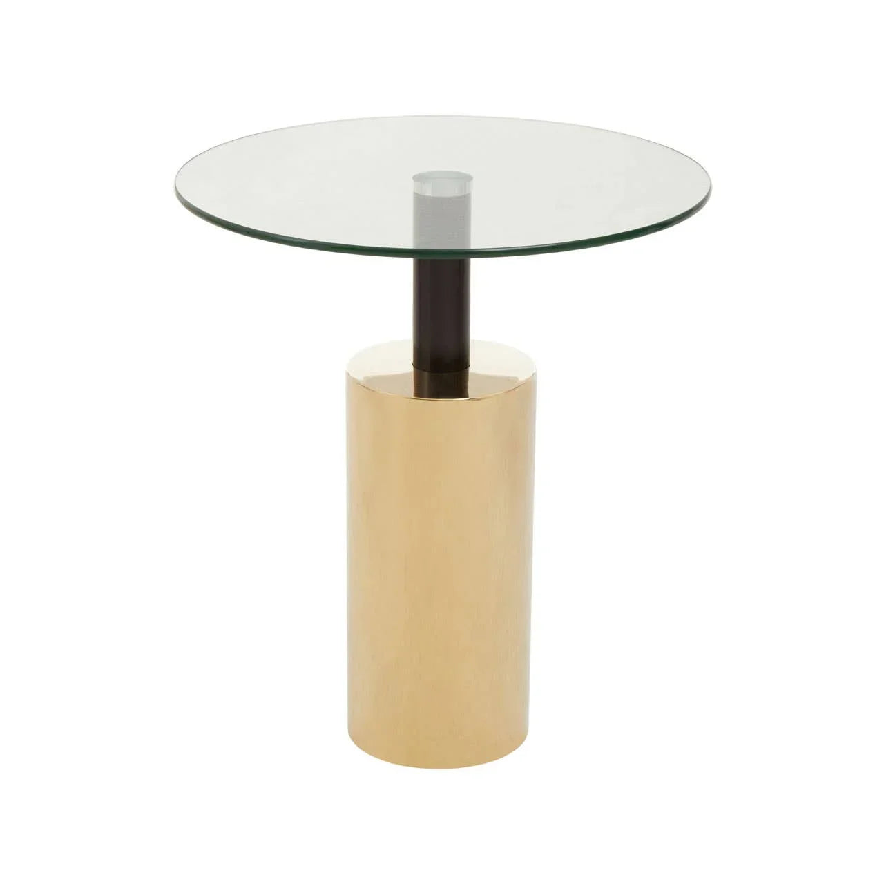 Round glass top side table with gold cylindrical base and black central support