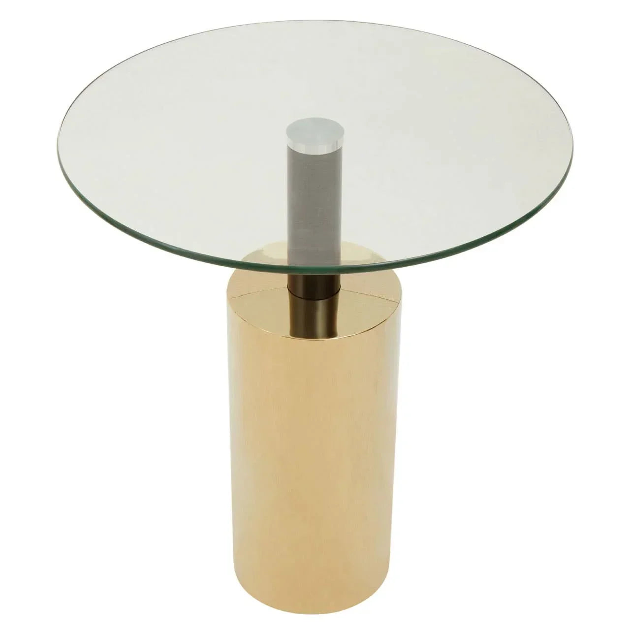 Round glass side table with gold cylindrical metal base and modern design