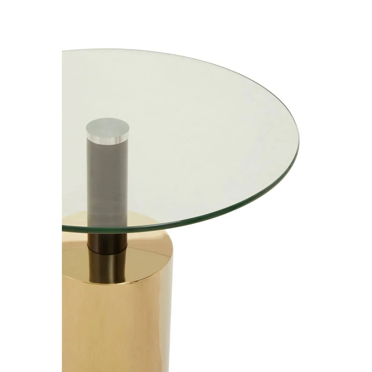 Round glass side table with gold cylindrical base and chrome support
