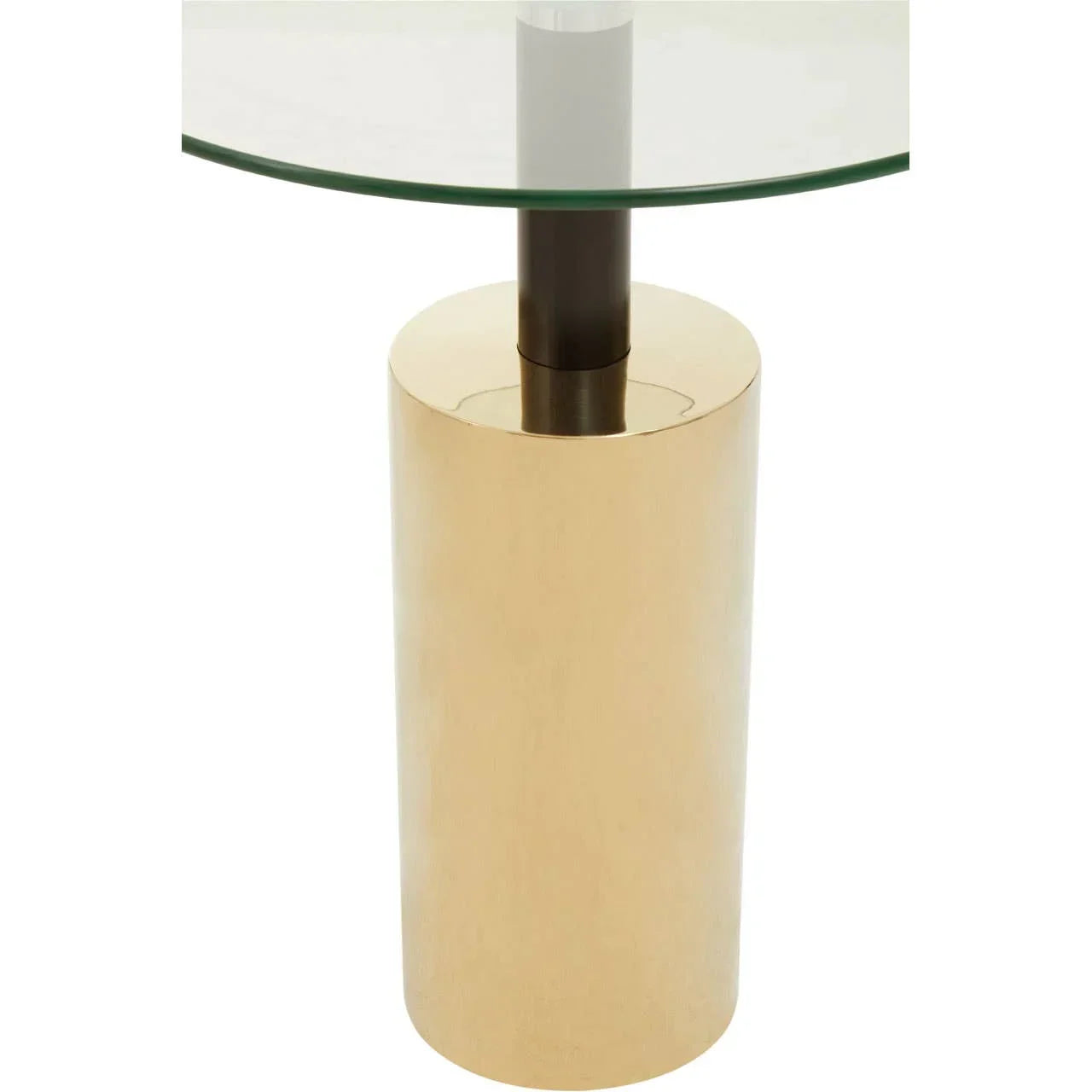 Round glass top side table with gold cylindrical metal base and central black support