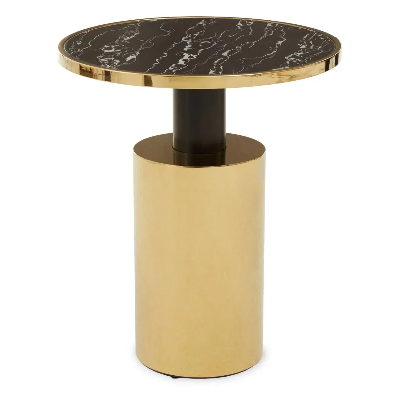 Round side table with black marble top and gold cylindrical base