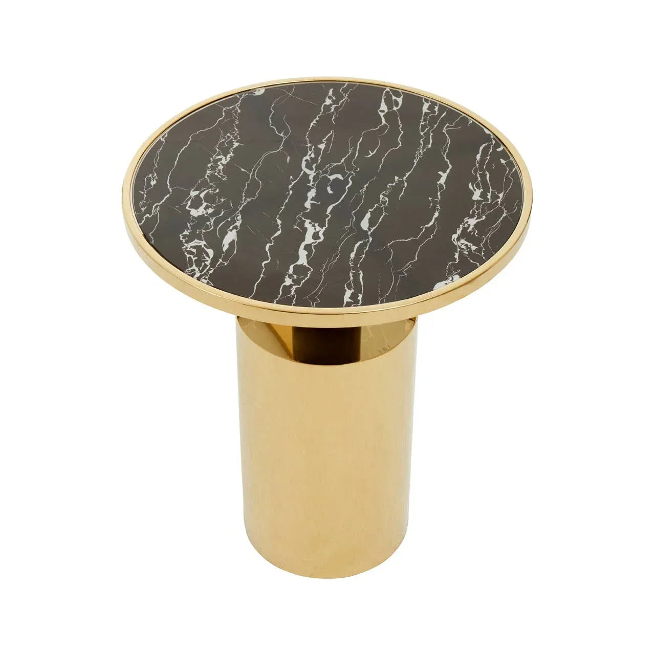 Round side table with black marble top and gold cylindrical metal base