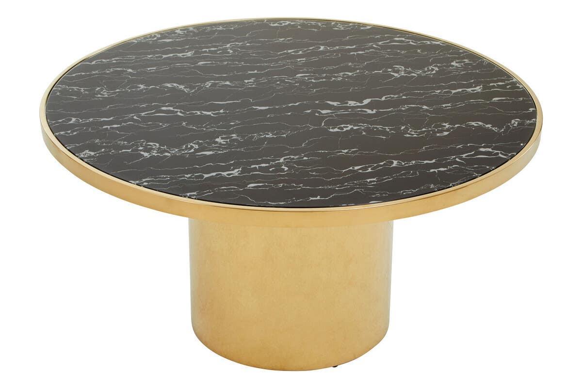 Round coffee table with black marble top and gold metal base