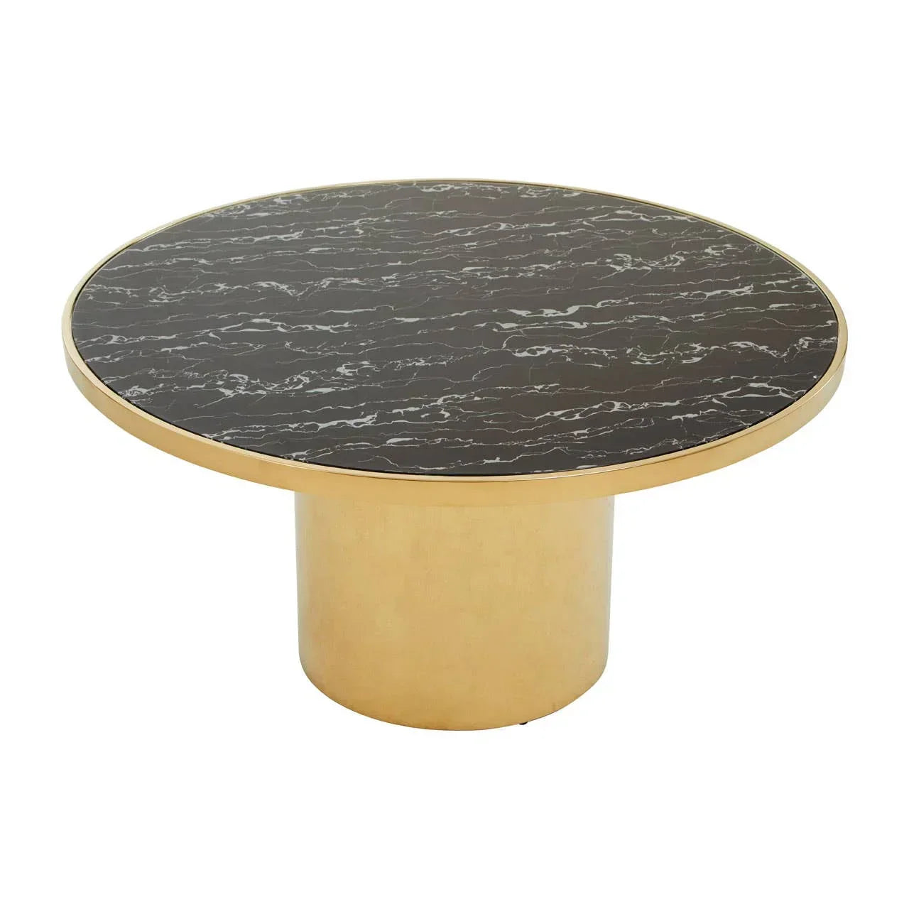 Round coffee table with black marble top and gold cylindrical base