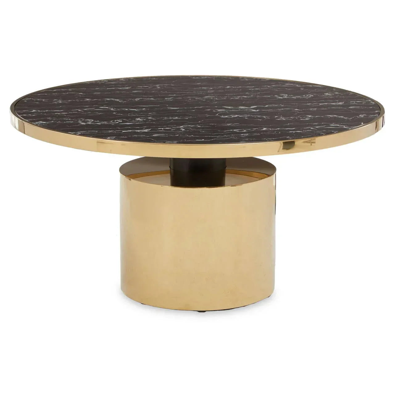 Round coffee table with black marble top and gold cylindrical metal base