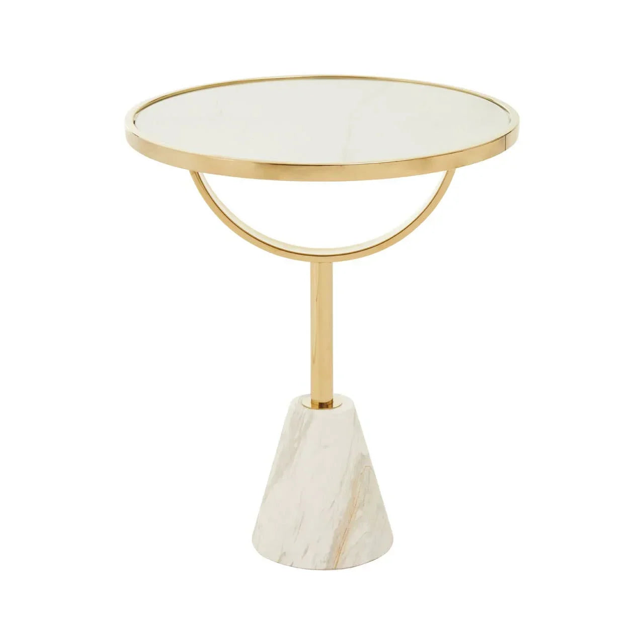 Round side table with gold metal frame, white marble top and conical marble base