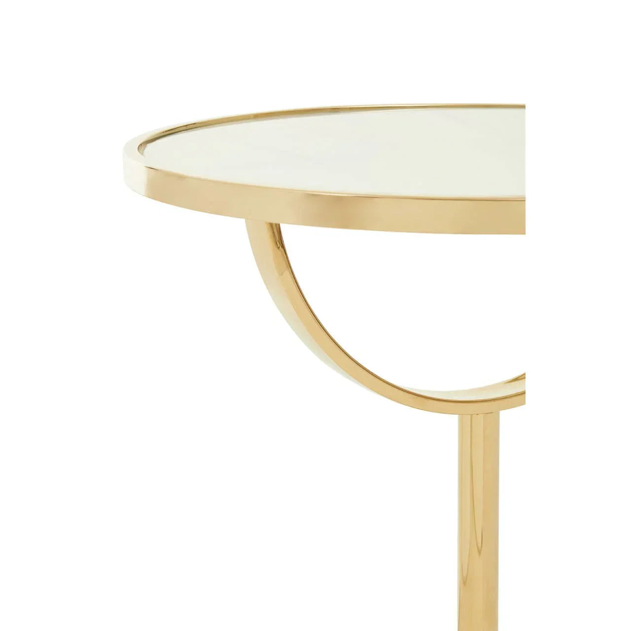 Gold metal side table with round glass top, close-up showing modern leg design
