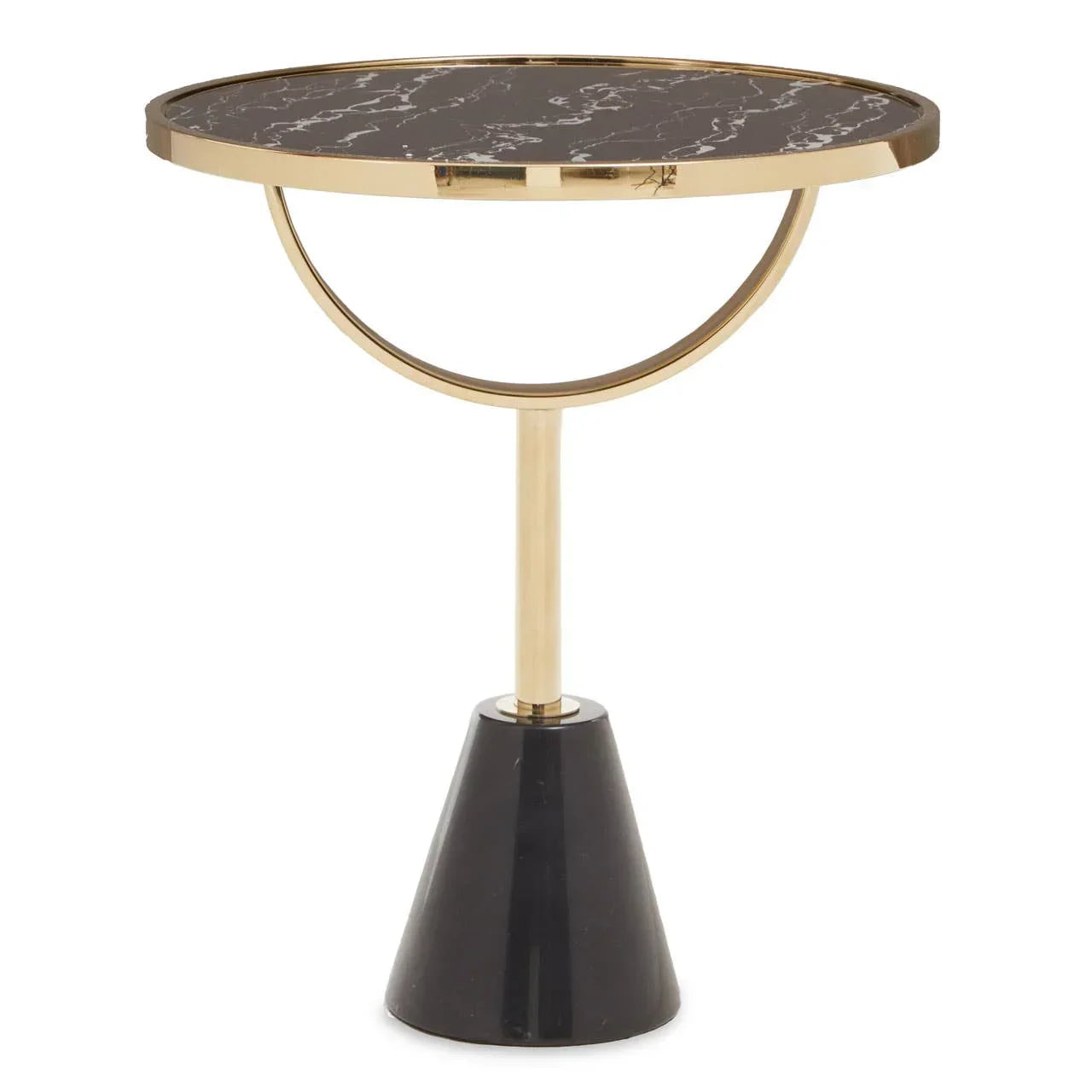Round marble top side table with gold frame and black cone base