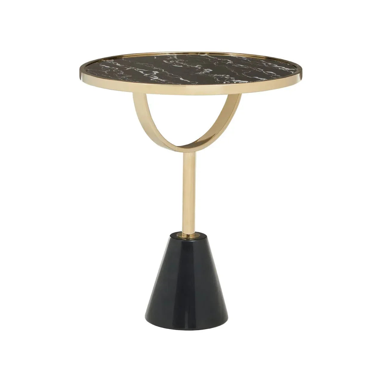 Round side table with black marble top, gold frame and black cone base