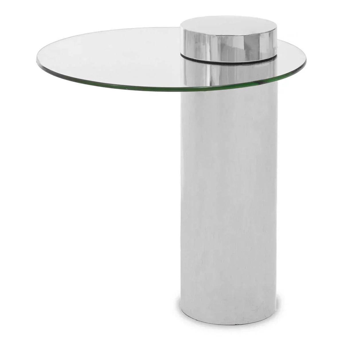 Modern glass and chrome side table with round base and clear circular top