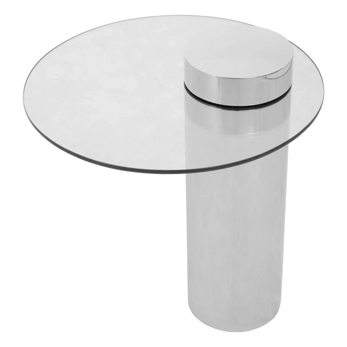 Round glass side table with chrome cylindrical base on white background