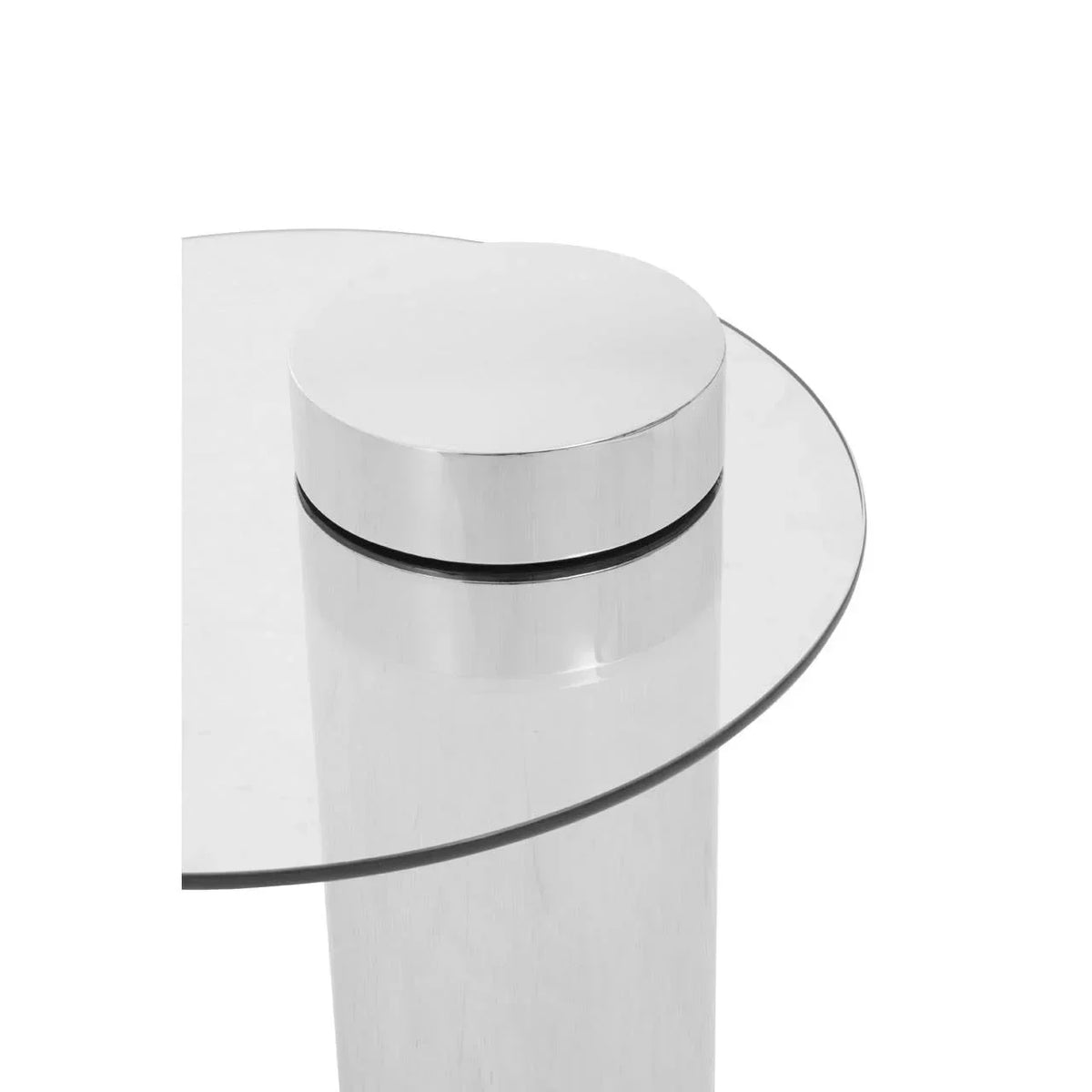Round glass dining table with polished chrome cylindrical leg and modern minimalist design