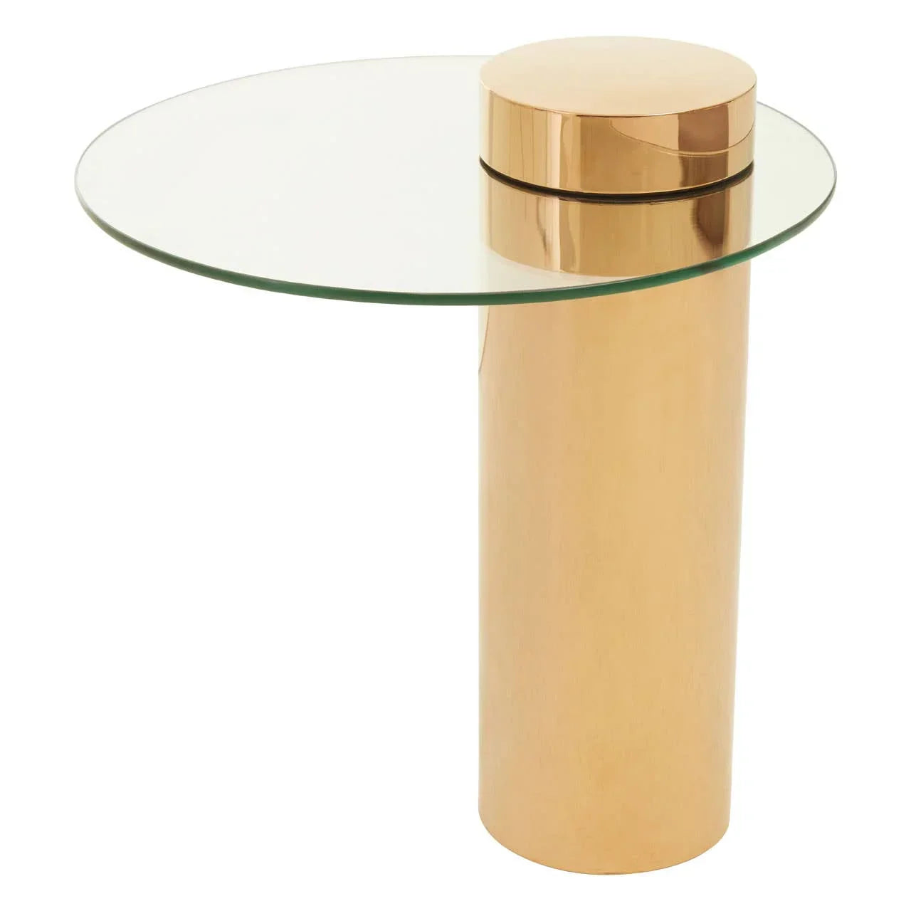 Round glass side table with gold metal cylindrical base, modern design, angled view