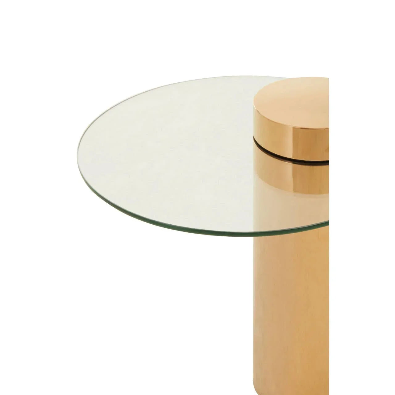 Round glass side table with gold cylindrical base, modern furniture detail view
