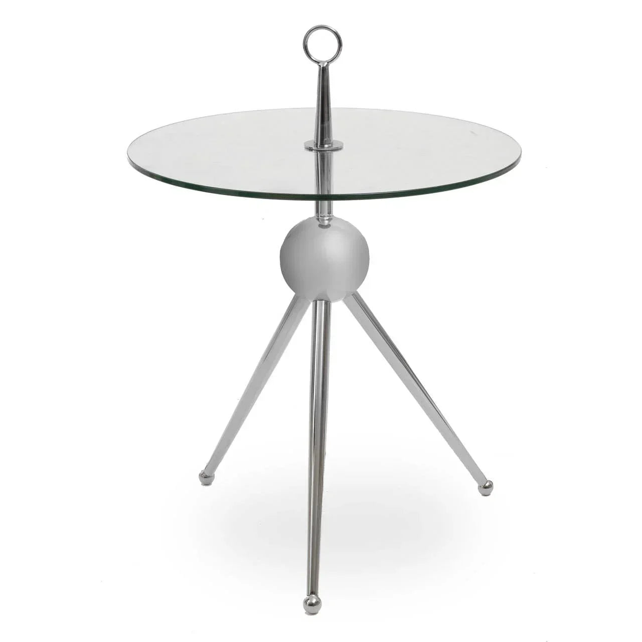 Glass top side table with chrome tripod legs and circular handle detail