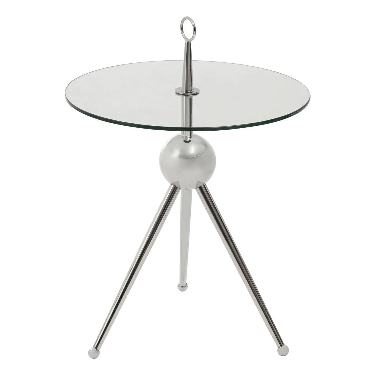Round glass side table with chrome tripod legs and central silver sphere accent
