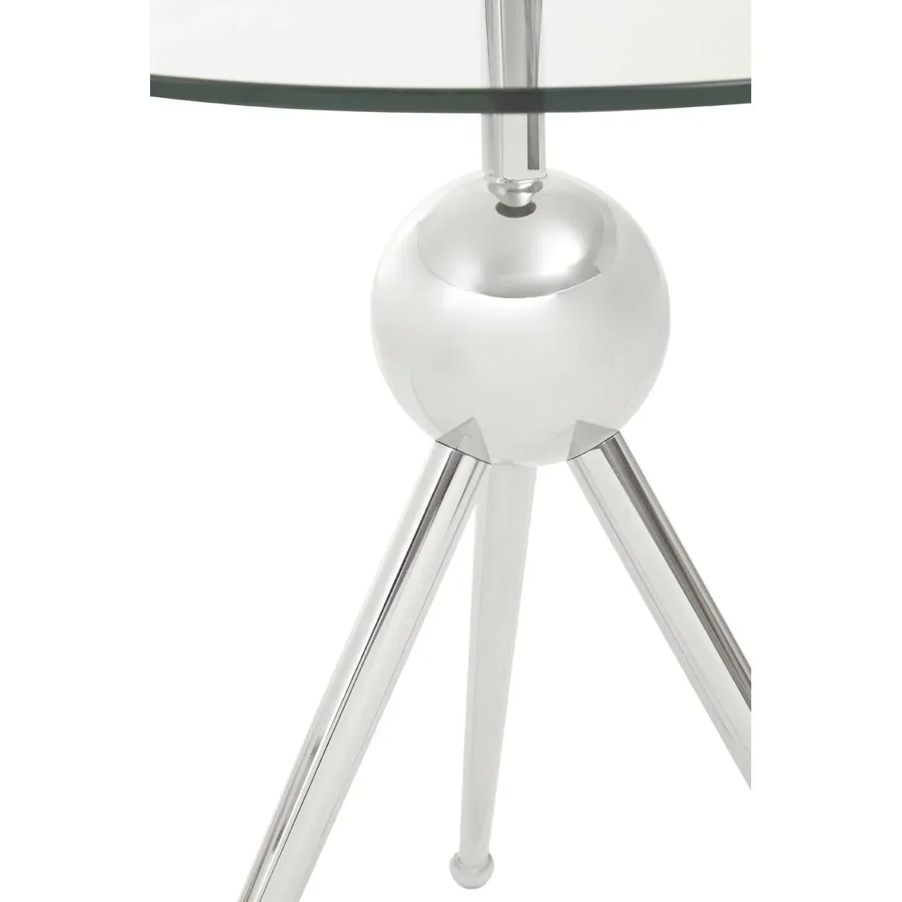 Glass top side table with chrome tripod legs and spherical metal base closeup