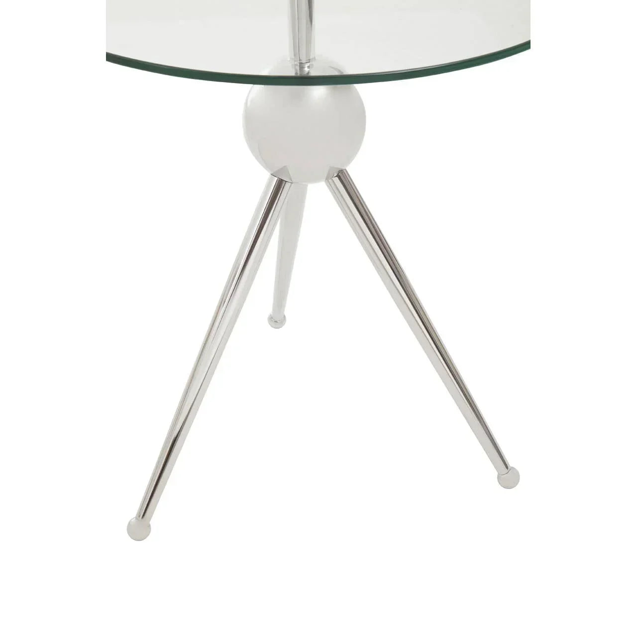 Glass side table with round top and chrome tripod legs