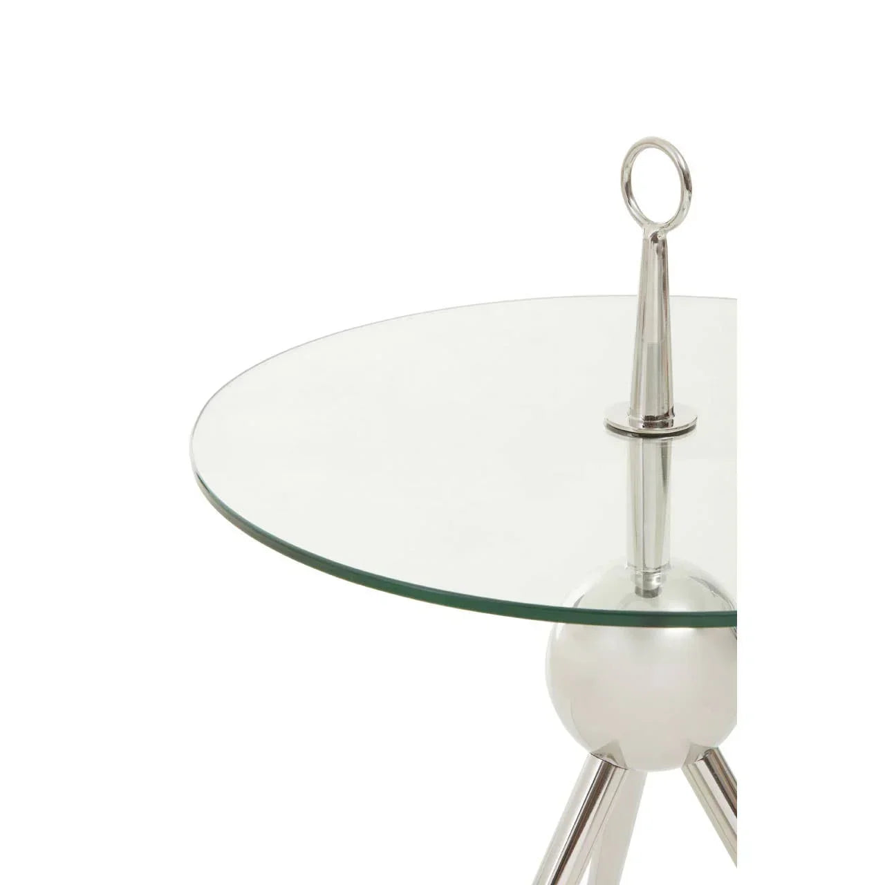 Round glass side table with chrome metal base and ring handle detail